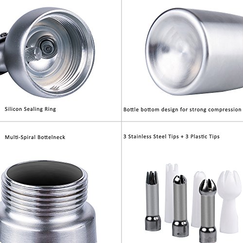 Professional Whipped Cream Dispenser, Aluminum Cream Whipper, 3 Sainless Steel Nozzles and 3 Plastic Pastry Tube, for Baking and Beverages (500ml)