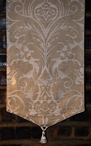 Ivory Champagne Floral Damask ,13"x 78"Inch Table Runner with Beaded Cream Tassel