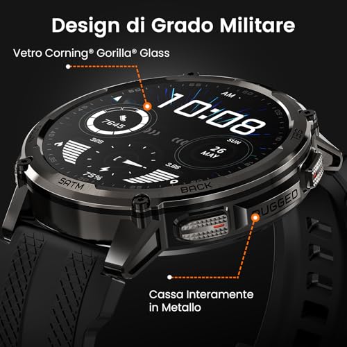 KOSPET Tank T4C Smartwatch with GPS, Full Metal Body, LED Flashlight, 50 Day Battery, Health Monitor 24/7.5ATM/IP69K, 170+ Sports Modes, 1.5 Inch Screen, Android & iOS Black