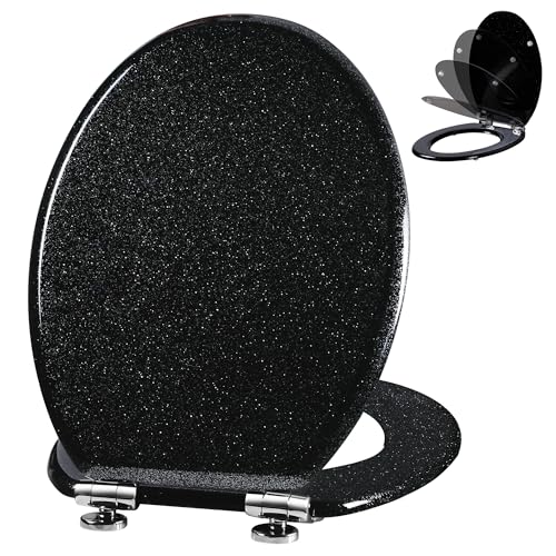 Angel Shield Glitter Toilet Seat Molded Wood Toilet Seat, Quiet Close with Quick Release Adjustable Hinges 45x37cm Oval, Fits EU Bottom-Mount Toilets (Black Glitter)