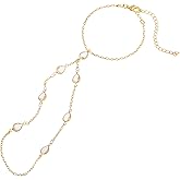 CZ Diamond Finger Ring Bracelet Hand Chain for Women, 14K Gold Plated Slave Bracelets