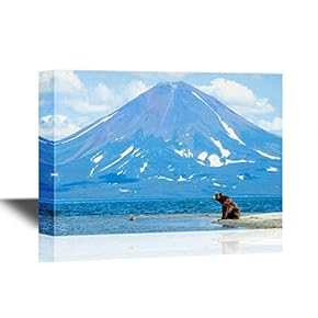 Beautiful Nature Landscape/Scenery Canvas Wall Art - Bear and a Volcano - Gallery Wrap Modern Home Art | Ready to Hang - 12x18 inches
