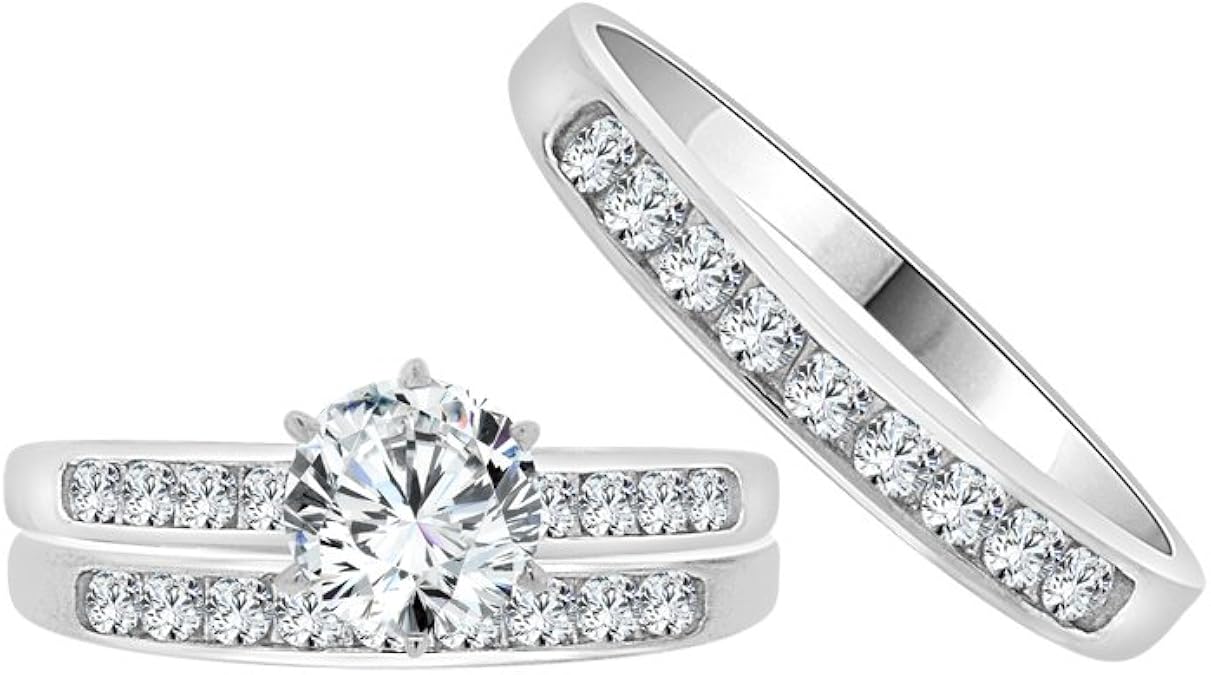 14k White Gold, Trio 3 Piece Wedding Ring Set Round Created