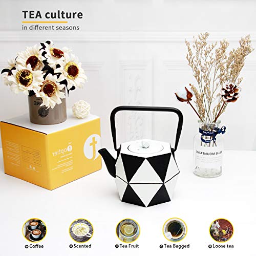 Tea Kettle, TOPTIER Japanese Cast Iron Teapot with Stainless Steel Infuser, Cast Iron Tea Kettle Stovetop Safe, Diamond Design Teapot Coated with Enameled Interior for 30 oz (900 ml), Black and White - Thumbnail 6