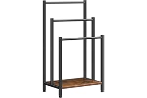 HOOBRO Free Standing Towel Rack, 3 Tier Blanket Rack, Blanket Holder for Bathroom, 16.9" L x 11" W x 31.9" H, Industrial Metal Drying and Display Rack with Shelf, Rustic Brown and Black BF03LB01