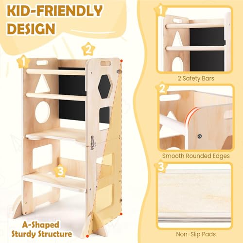 Toddler Kitchen Step Stool, Foldable Kid Learning Standing Tower with Blackboard, 4-in-1 Wooden Stool Helper for Kids, Natural 43 * 32 * 88Cm