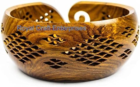 Rosewood crafted wooden yarn storage bowl knitting crochet accessories With Carved Holes &amp; Drills Royal Craft Enterprises (6 X 6 X 2.5 inch)