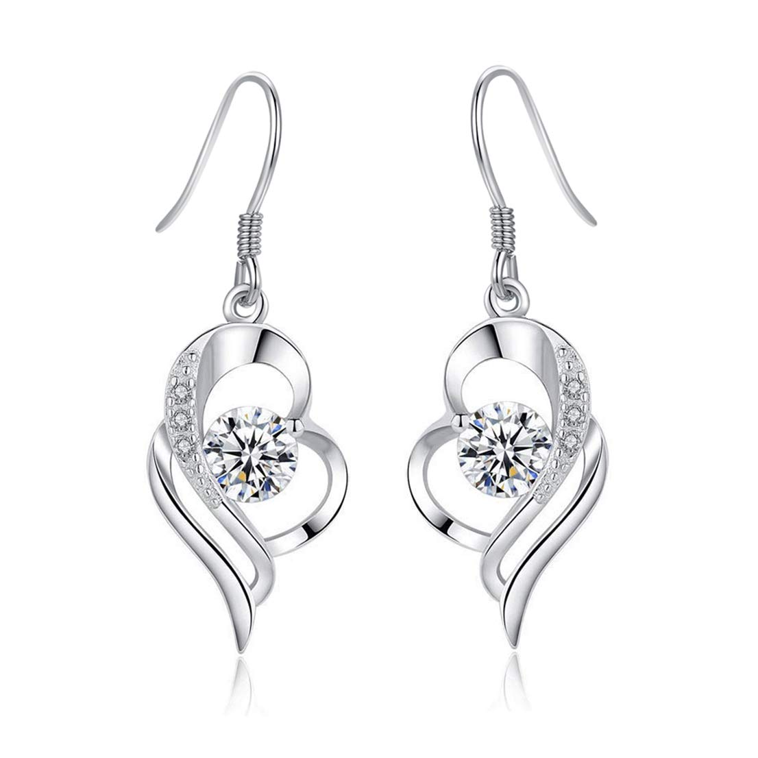 Kamise Silver Drop Earrings for Women, 925 Sterling Silver Dangle Earrings with White Zirconia, Heart Teardrop Drop Earring, Dangly Hook Ladies Ear Rings, Romantic Jewellery Gift for Valentine's Day — image 1