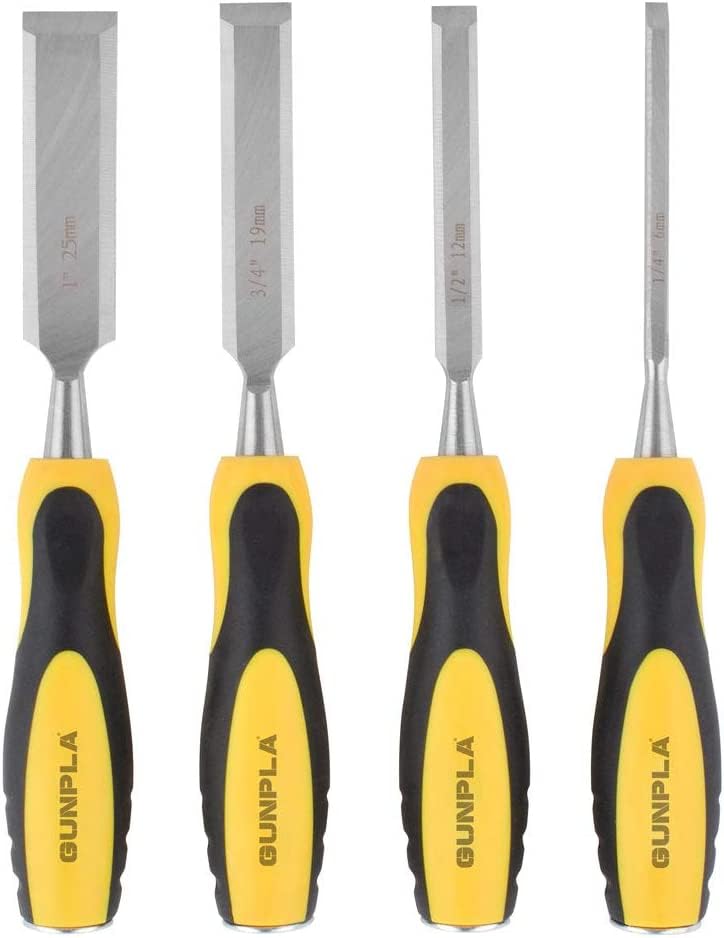 Gunpla 4 Pieces Wood Chisel Set Woodworking Carving Heavy Duty Hand Tools 1/4", 1/2", 3/4" and 1" (6mm, 12mm,19mm, 25mm) with Soft-Grip Handles