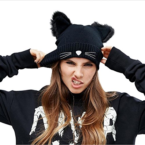 Women s hat cat ear crochet braided knit caps warm snowboarding w…