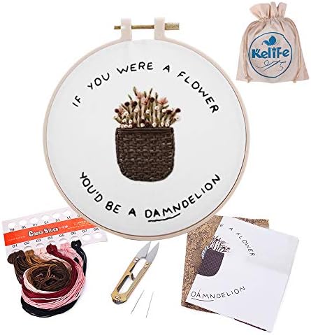 Kelife Full Set of Handmade Embroidery Starter Kit, Cross Stitch Kits for Beginners Including Patterned Embroidery Cloth, Plastic Hoop,Colo … …