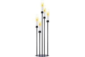 SIMPREFINE Black Candelabra with Glass Cylinders for Real Candles 5 Head Metal Candle Holder Wedding Centerpiece Ceremony Reception Event Party Home Decoration (2, M)