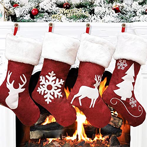 Cynno Christmas Stockings Ornaments kit, 4 Packs 18in Large Christmas Candy Stockings, Red Burlap Collage(Snowflake Fawn XmasTree) with Large Plush Cuff Stockings, for Family Holiday Xmas Party Deco