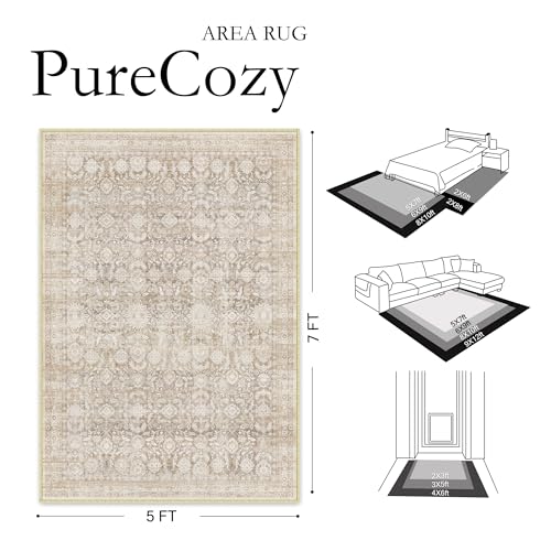 PureCozy 8x10 Beige Washable Neutral Area Rugs Living Room décor Floral Distressed Large Throw Rug Non Slip Stain Resistant Rugs Low Pile Soft Carpet Dining Room Bedroom Office Farmhouse Playroom