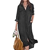 chouyatou Women's Summer Casual Denim Shirt Dress Roll Up Long Sleeve Loose Maxi Shift Jean Dress