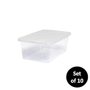 Homz Plastic Storage Bins, Snap Lock White Lids, 6 Quart, Clear, Stackable, 10-Pack