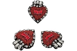 Yikko 3 Pieces Beaded Rhinestone Patches Love Heart Star Bee Fabric Applique Iron on Patches for Jeans, Jackets, Clothing, Scrapbooking Handbag Shoes DIY Decorative Patches (Style_1)
