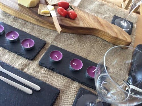 Slate Placmats &amp; Coasters Set Of Six (6 placemats + 6 coasters) WITH TLIGHT SLATE RUNNER AND TEALIGHTS by SCOTTISH SLATE GIFT