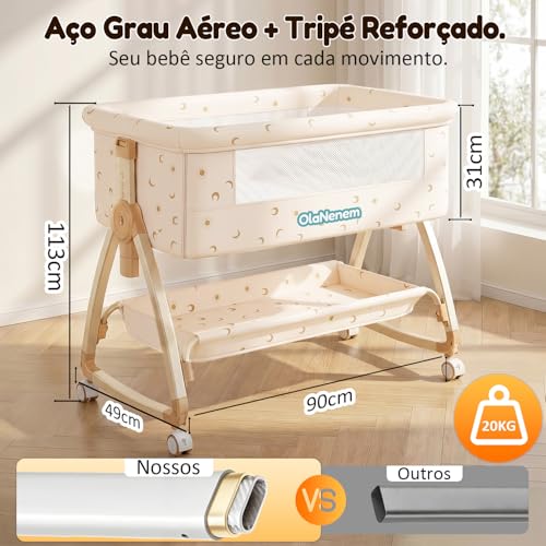 OLANENEM 6 em 1 Berço Portátil, Moises para bebe com Fraldário e Mosquiteiro, Acoplado à Cama com Suporte Triangular de Aço Carbono, 6 Alturas e Inclinação Antirrefluxo 5°(Bege)