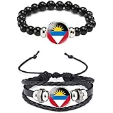 Ykonuyis National Flag Metal Black Beaded Elastic Rope Bracelet and Alloy Leather Braided Rope Bracelet Bangl for Men Women Support your country