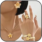 Vurotry 4 Pcs Hibiscus Flower Pendant Necklace Bracelet Earrings Ring for Women Gold Flower Jewelry Set Chunky Statement Hibiscus Jewelry