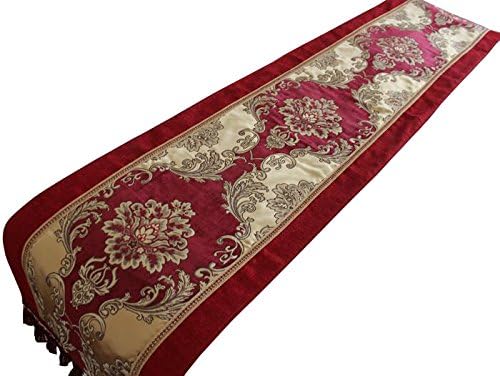 Yoovi Jaquard Luxury Bed Scarves and Runners Floral Table Runner Rectangle with Multi-tassles Red/Gold (110)