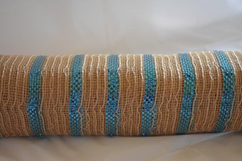 Decorative Poly Mesh Ribbon - turquoise Foil Stripe woven in burlap color, 3 sizes available (5 inch x 10 yard)
