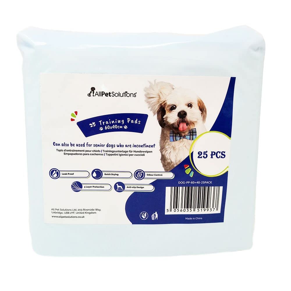 AllPetSolutions Puppy Pads - Disposable Puppy Training Pads Dog Toilet Sheets with 5 Highly Absorbent Layers & Odour Control Leak-Proof Non Slip Matting for Pet Wee - Medium, 60x40cm - 25-Pack