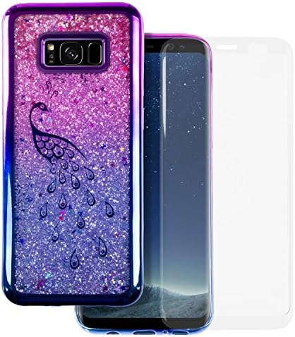 Samsung Galaxy S8 Plus [Rose Confetti / Stars] Glitter / Sparkle Liquid Flexible Soft Rubber Gel (Gradient Blue / Purple Swan) Case TPU Protective Shell / Bumper Case w/ 3D Tempered Glass