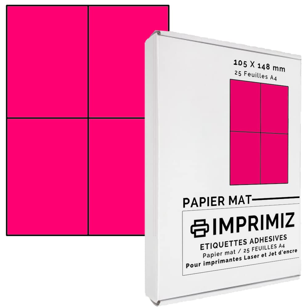 100 SELF-ADHESIVE LABELS 105 X 148.5 mm Neon Pink 4 Labels/Sheet, 25 Sheets Self-Adhesive A4 Coloured Paper – For Inkjet and Laser Printing