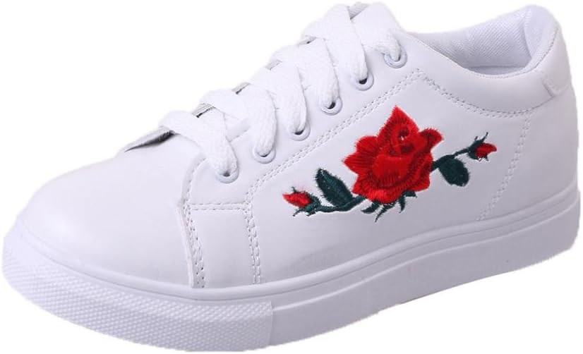 LILICAT Women Girls Shoes, Rose Embroidery Flower Shoes Straps Sports Lace Up Running Sneakers for Teenager Girl Fashion Casual Little White Shoes with Sports Board Shoes