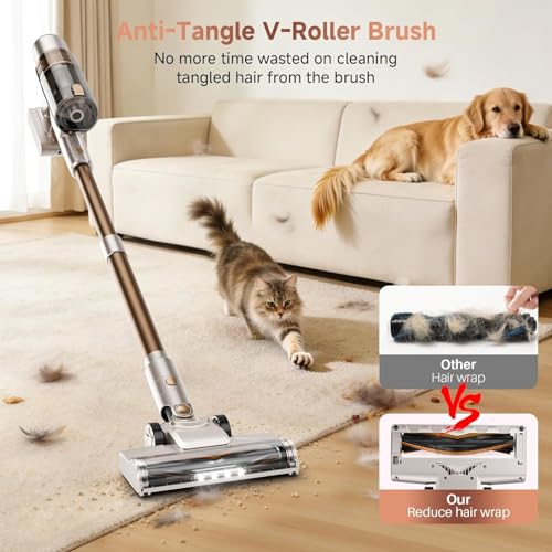 Cordless Vacuum Cleaner: Portable 6-in-1 Stick Vacuum with Anti-Tangle Brush, LED Headlight, Self-Standing, HD Display, Rechargeable Vacuum for Pet Hair, Low-Pile Carpet and Hardwood Floor-Off White