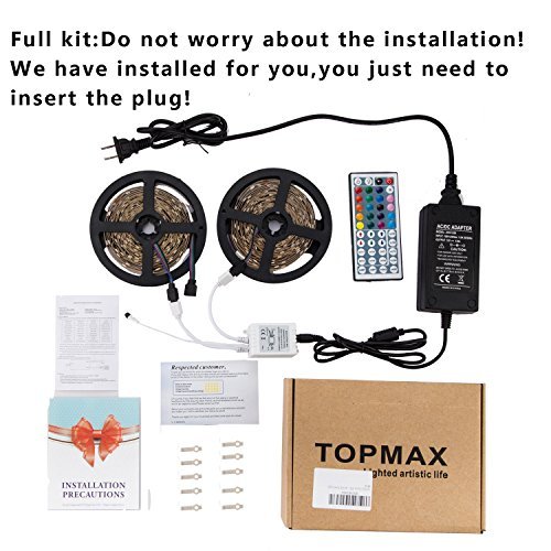 Led Strip,Topmax, 5050 32.8Ft /10M Led Strip Lights,RGB Led Strips Lighting Kit +44 Key Remote+12V 5A US Charger (built-in IC and fuse) Power Supply