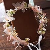 yuruyi Flower Crowns for Women with Pearl，Gold Plated Metal Floral Crown Handmade Hair Wreath, Headpiece for Bridal Wedding Festival Party Photography