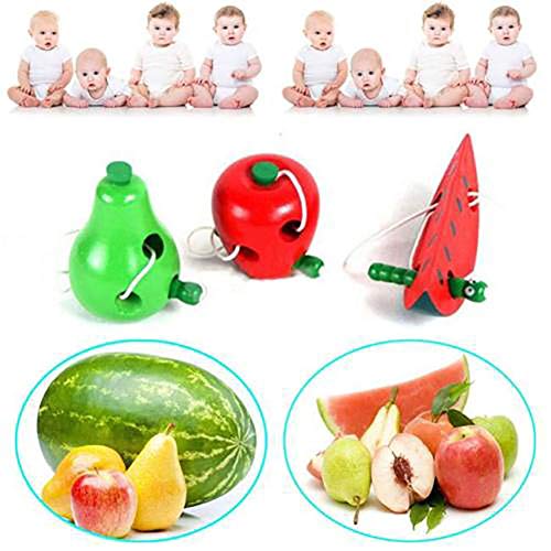 HsgbvictS Toys for All Ages Lovely Wooden Apple Pear Watermelon Worm Eat Fruit Baby Kids Threading Toy - Apple
