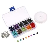 Bememo 200 Pieces Chakra Beads and Black Lava Rock Stone Volcanic Stone for Jewelry Bracelet Necklace DIY Making with 1 Crystal String and 30 Antique Silver Spacer Beads