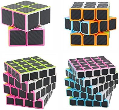 HJXD global Set of 4 Pack 2x2x2 3x3x3 4x4x4 5x5x5 Carbon Fiber Sticker Puzzle Cube Black