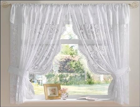 White Andrea Net Curtain Set 100 X 63 Jacquard Lace Including