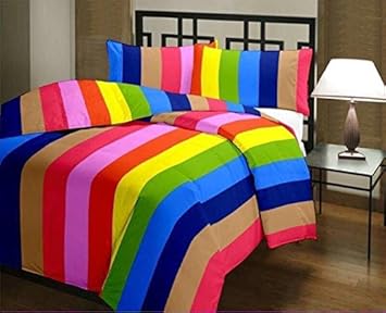 JaipurCrafts 220 TC Striped Colourful Reversible Poly Cotton Single Bed AC Comfort (54x84-inch, Rainbow)