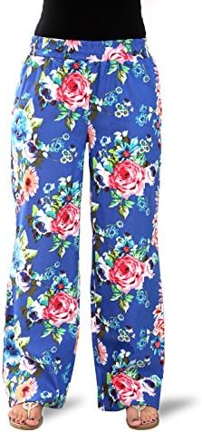 Kermalley Canvas printed wide leg elastic waistband Pants (L-XL, Floral Royal Blue)