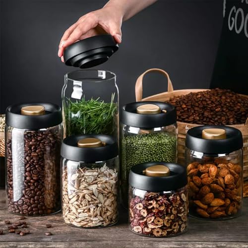 Coffee Bean Storage Container, Vacuum Glass Jar with Airtight Lid, Food Storage Containers - Perfect for Coffee Beans, Tea, Sugar, Candy, Spices, Rice (500ml/16.9 Ounces)