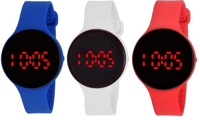 Pappi-Haunt - QUALITY ASSURED - PACK OF 3 - Unisex Silicone Blue, White & Red Round Jelly Slim Digital LED Watch for Boys, Girls & Kids