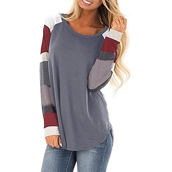 Manadlian Damen Beiläufig Farbe Block Lange Ärmel Zur Seite Fahren Oberteile Lose Tunika Sweatshirt Lose Bluse Hemd Pullover 