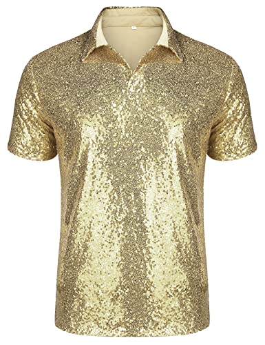 ASTOSEU MENS 70S DISCO SHINY SEQUINS SHORT SLEEVE TURNDOWN SPARKLE NIGHTCLUB PARTY POLO T-SHIRT TOPS LIGHT CHAMPAGNE S