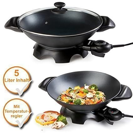elektrisches WOK-Set, 5Liter WOK mit Antihaftbeschichtung + Glasdeckel, Tischwok (Farbe: schwarz)
