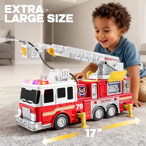 Extra Large Toddler Fire Truck Toys for Boys with 33-inch Ladder, Realistic Sirens, Lights & Sprinkler Pump, Big Firetruck Emergency Vehicle, Kids Toys for Age 2, 3, 4, 5, 6 Christmas Birthday Gifts