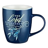 The Lord Refreshes My Soul Mug - Navy Olive Branch Coffee Mug w/Psalm 23:3, Bible Verse Mug for Women and Men - Inspirational Coffee Cup and Christian Gifts (13-ounce Ceramic Cup)