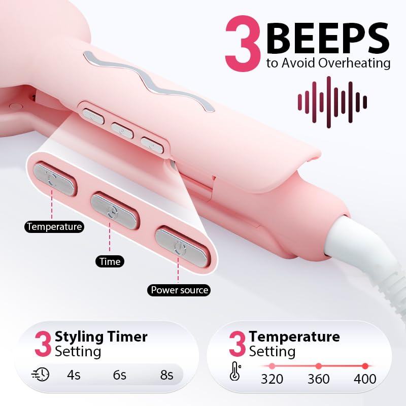 NOVUS Waver Curling Iron, Beach Waves Curling Wand, Ionic Hair Waver with Anti-Scald Hair Crimper, Easy to Use, 2 Barrel Hair Crimper for All Hair Types Women, Pink, 1.25 Inch