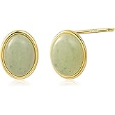 Whatforsh 14k Gold Plated Light Green Jade Oval Stone Stud Geometric Hypoallergenic Earrings for Women