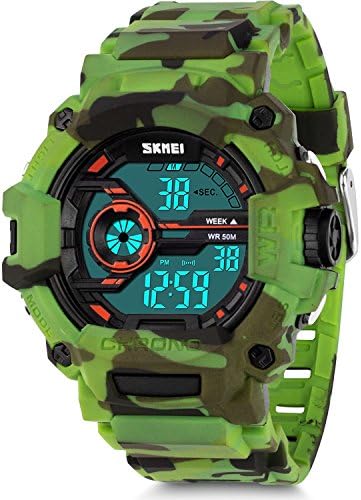 Boys Camouflage Digital Sports Watch, LED Screen Military Wrist Watch with Waterproof Casual Luminous Stopwatch Alarm Simple Army Watches-Green